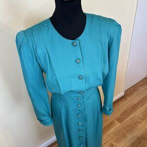 Vintage 1980s Womens Midi Dress Teal Green Full Button Large Gold Long Sleeve